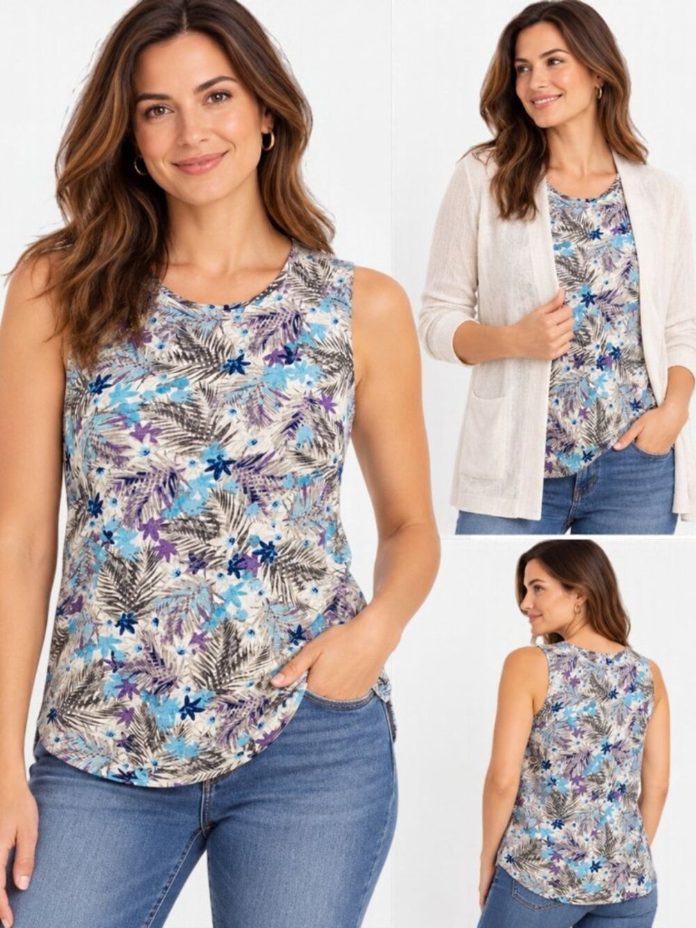NEW J Jill | Love Linen Womens Tank Blue Floral Sleeveless Pleated Back Size XS